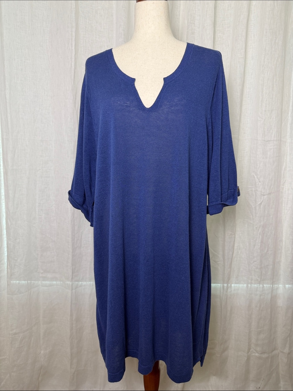 J. Jill Navy Linen Blend Split Neck Tunic Sweater Dress
